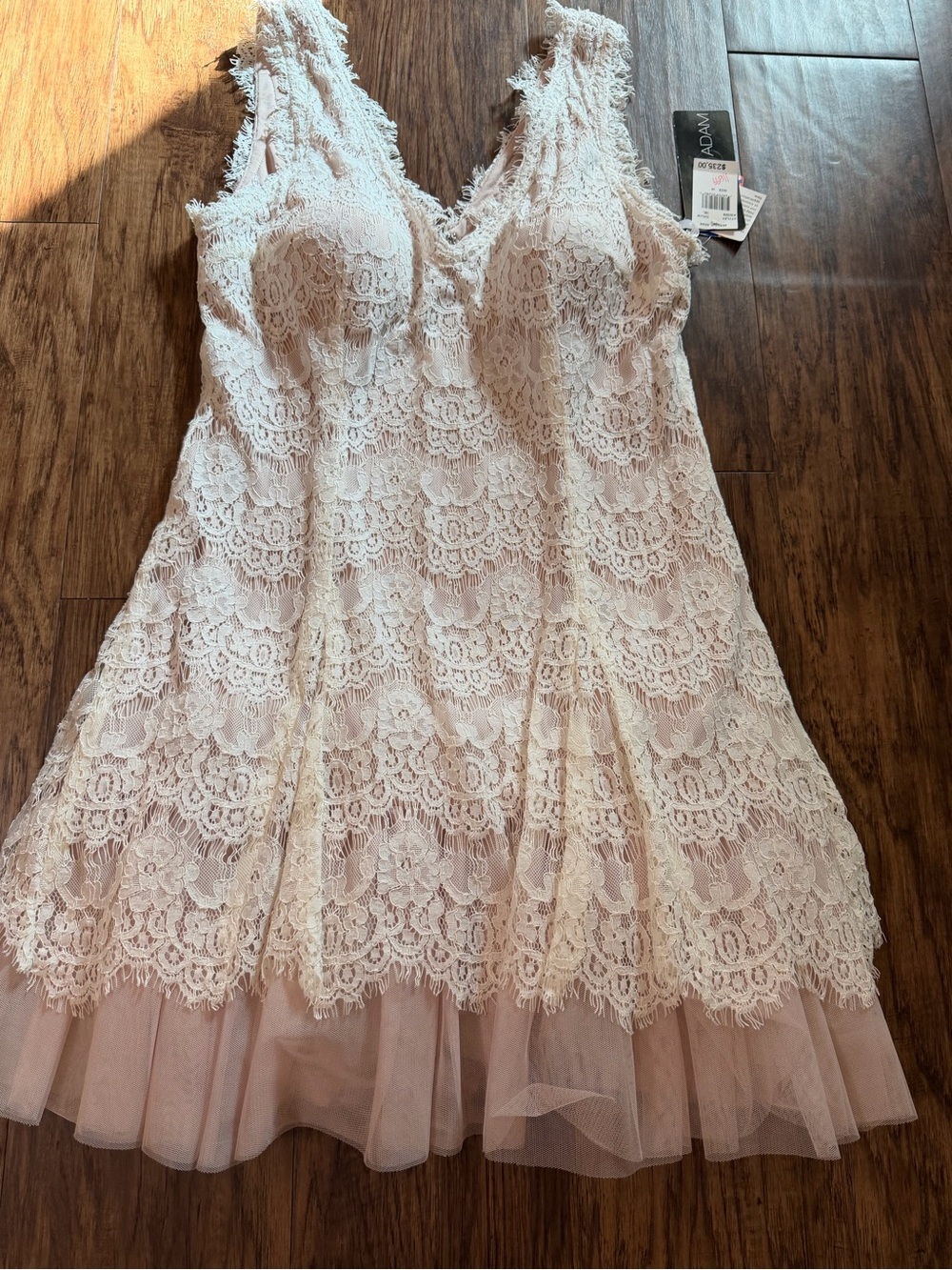 Betsy & Adam Cream Lace Midi Dress with Tulle Hem